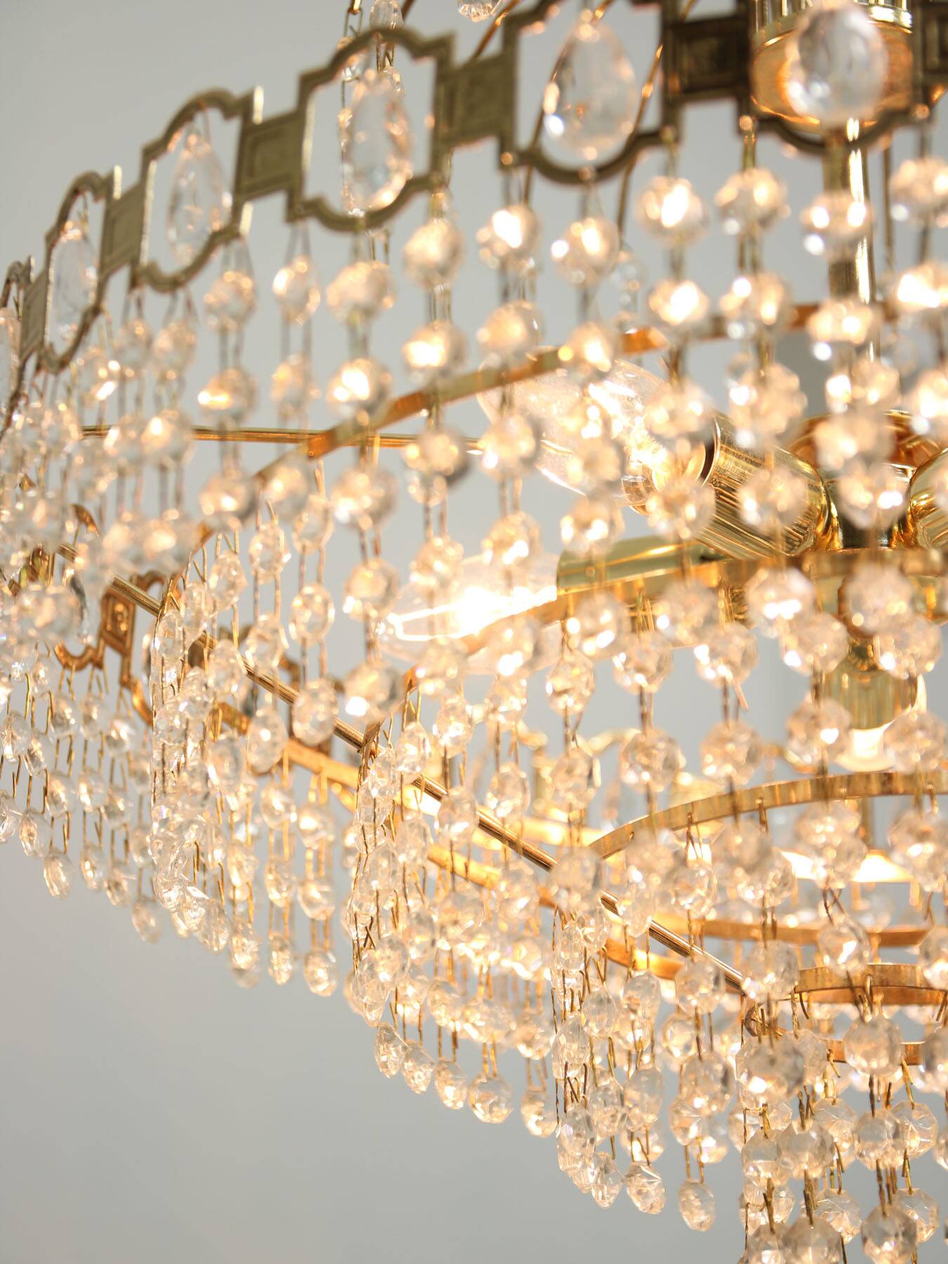 Vintage Italian Crystal and Golden Metal Chandelier, 80s