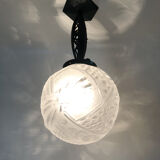 Art Deco hanging lamp in wrought iron Fournet and globe in glass paste
