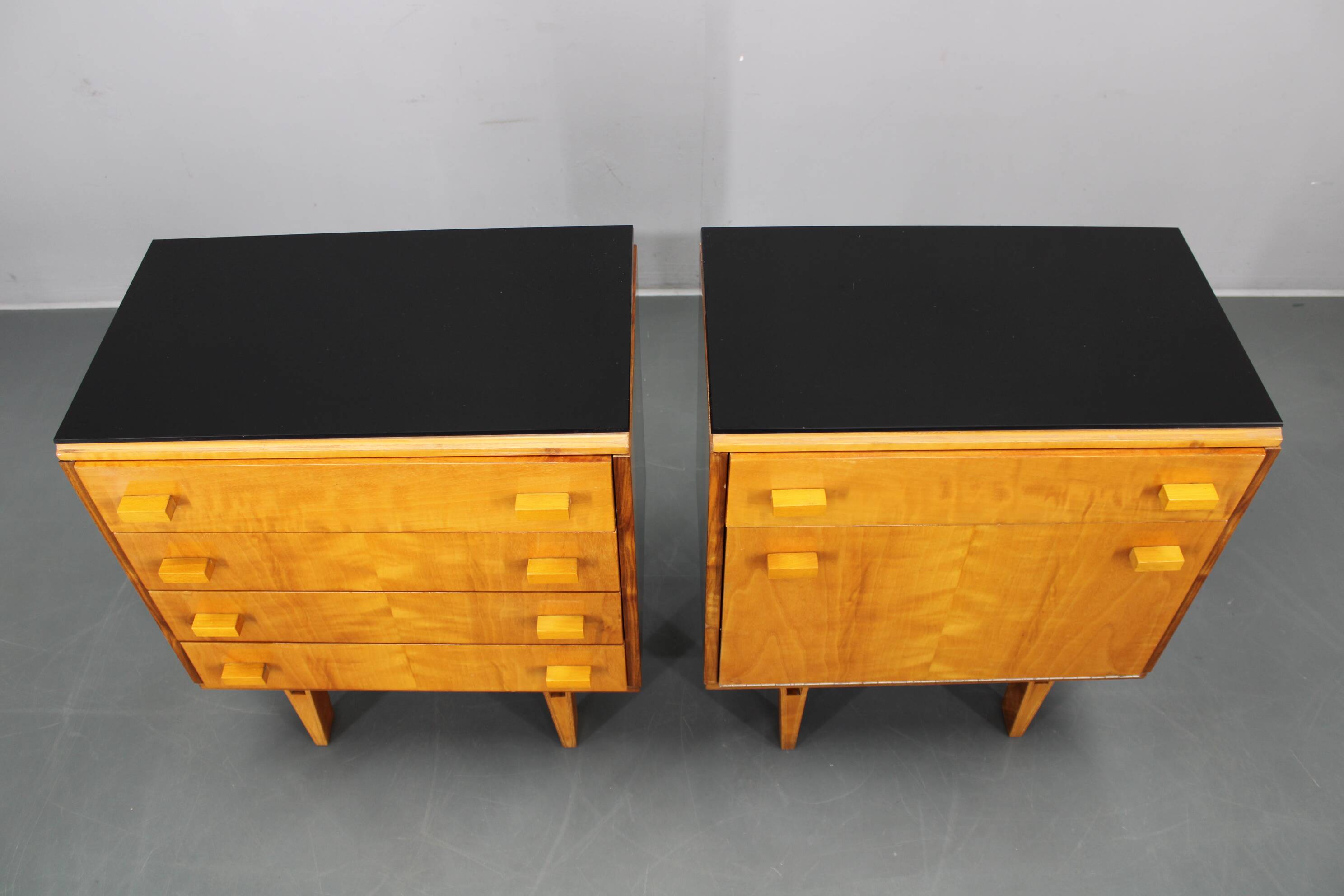 1960s František Mezulaník mid-century maple nightstands with black glass tops