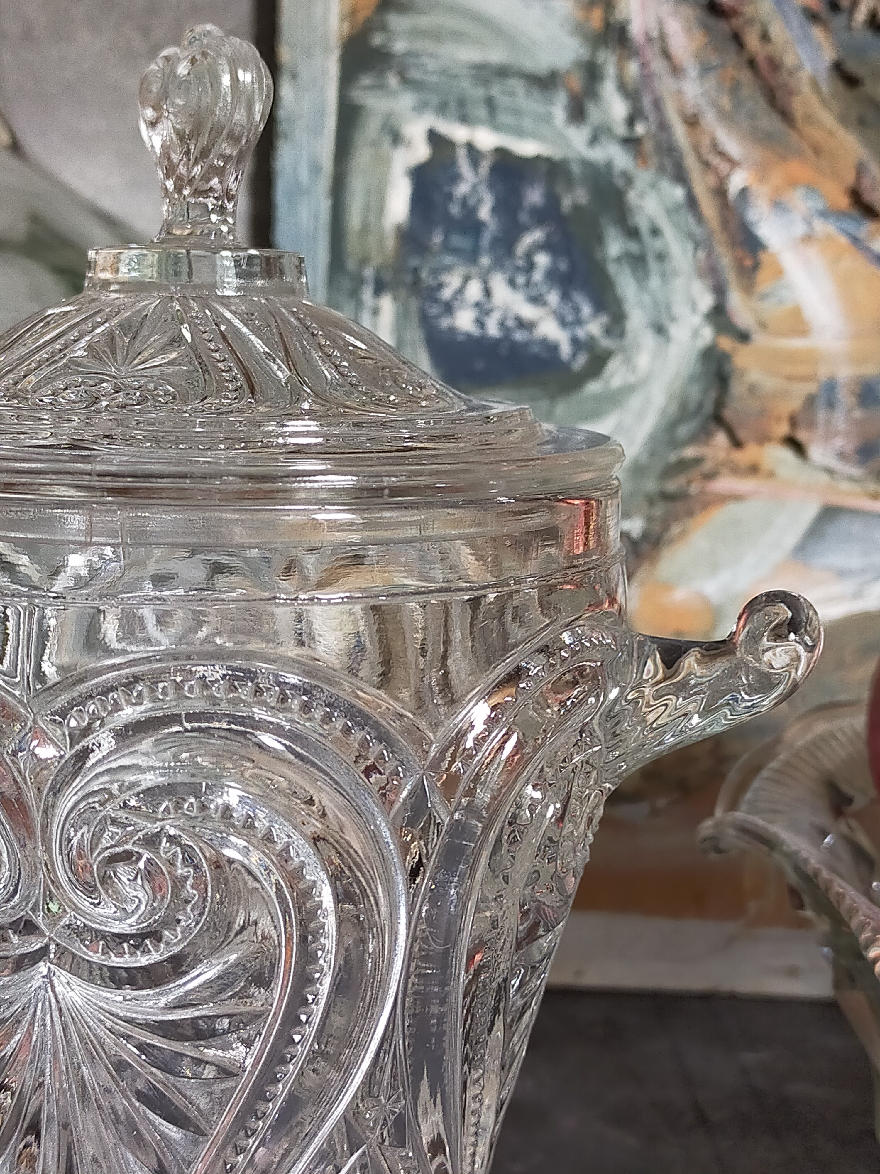 Antique glass compotier on metal stand