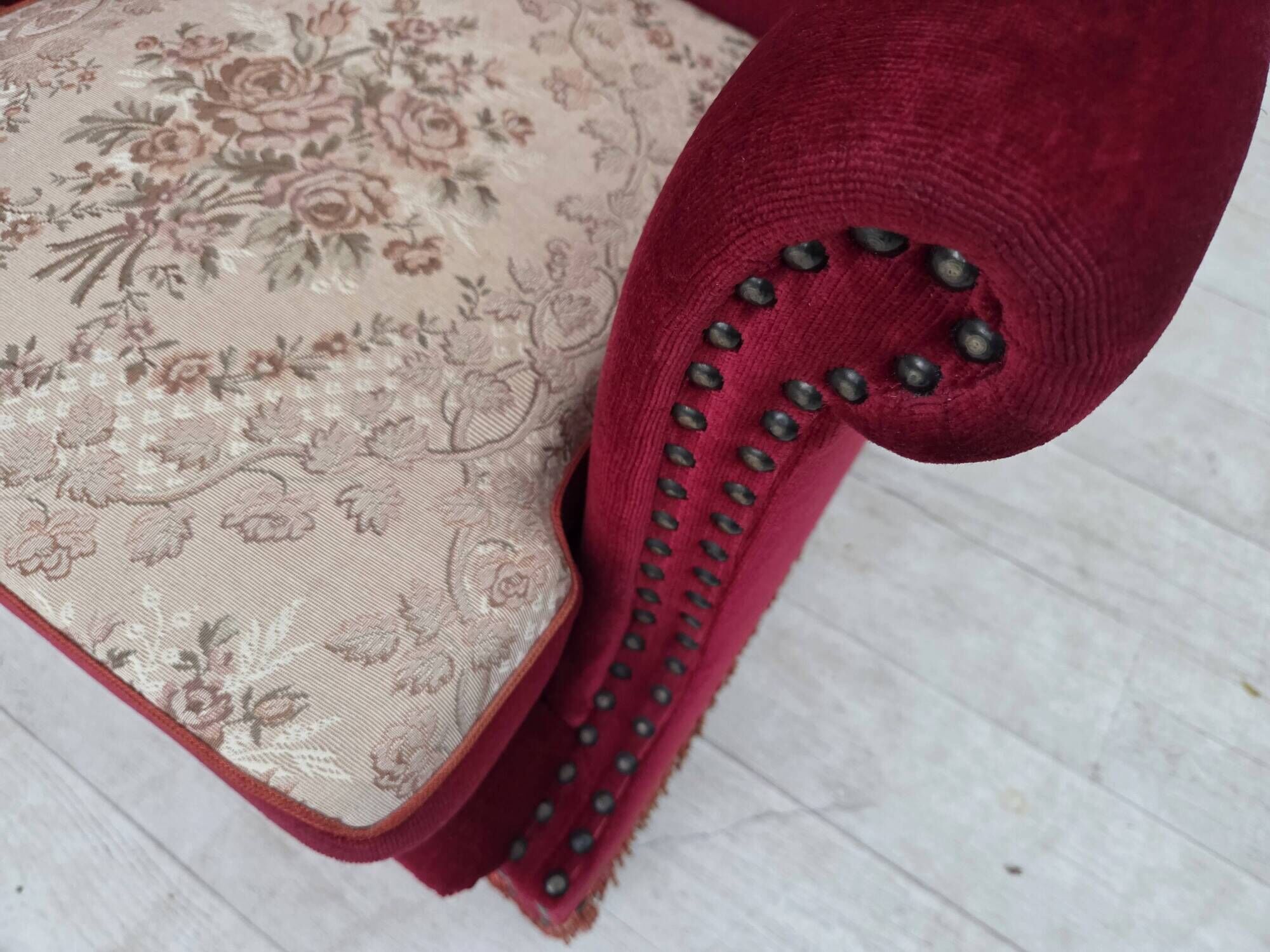 1970s, Danish armchair, furniture velour, ash wood legs.