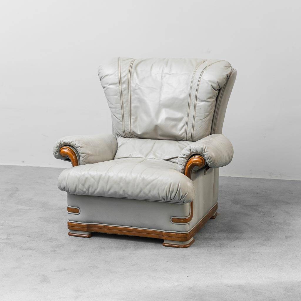Pair of vintage armchairs in grey leather and wood, 1950s modernism
