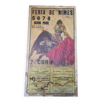 Old poster on bullfighting wooden plate