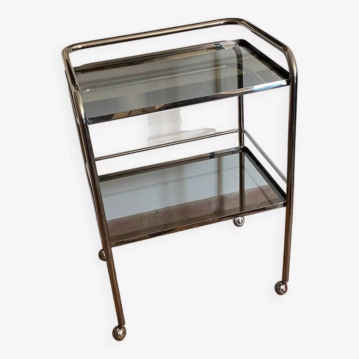 Trolley on wheels in chromed metal and smoked glass, 1970