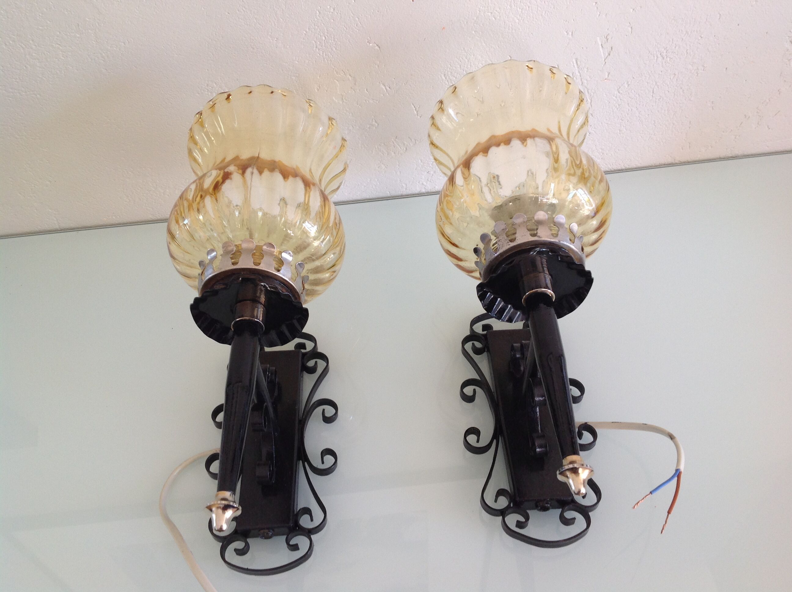 Pair of vintage iron and smoked glass