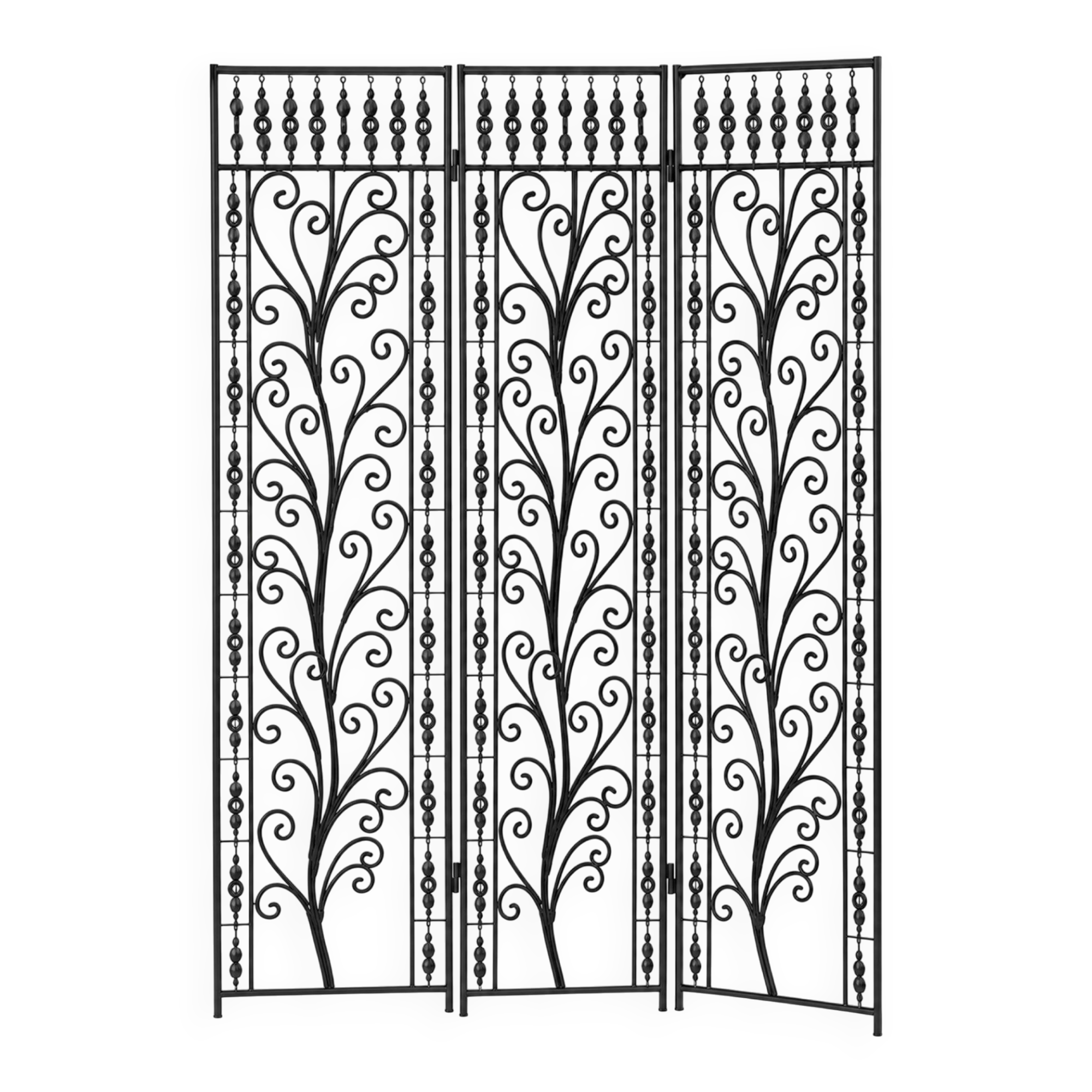 Black wrought iron screen, openwork floral pattern, 3 panels.