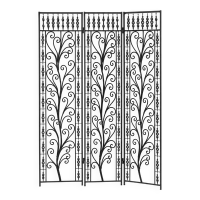 Paravent en fer forgé noir, motif floral ajouré, 3 panneaux