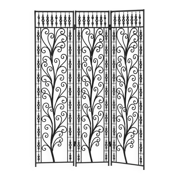Paravent en fer forgé noir, motif floral ajouré, 3 panneaux