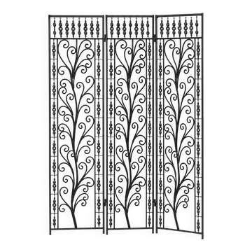 Paravent en fer forgé noir, motif floral ajouré, 3 panneaux