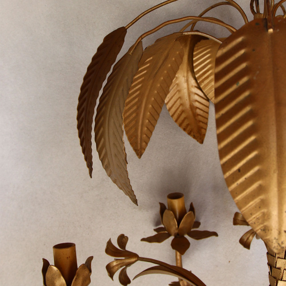 Palm and flower chandelier, matte gold metal