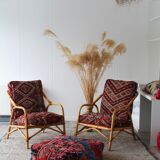 Set of 2 vintage armchairs 90s bamboo, with kilim cushions handmade on mesu