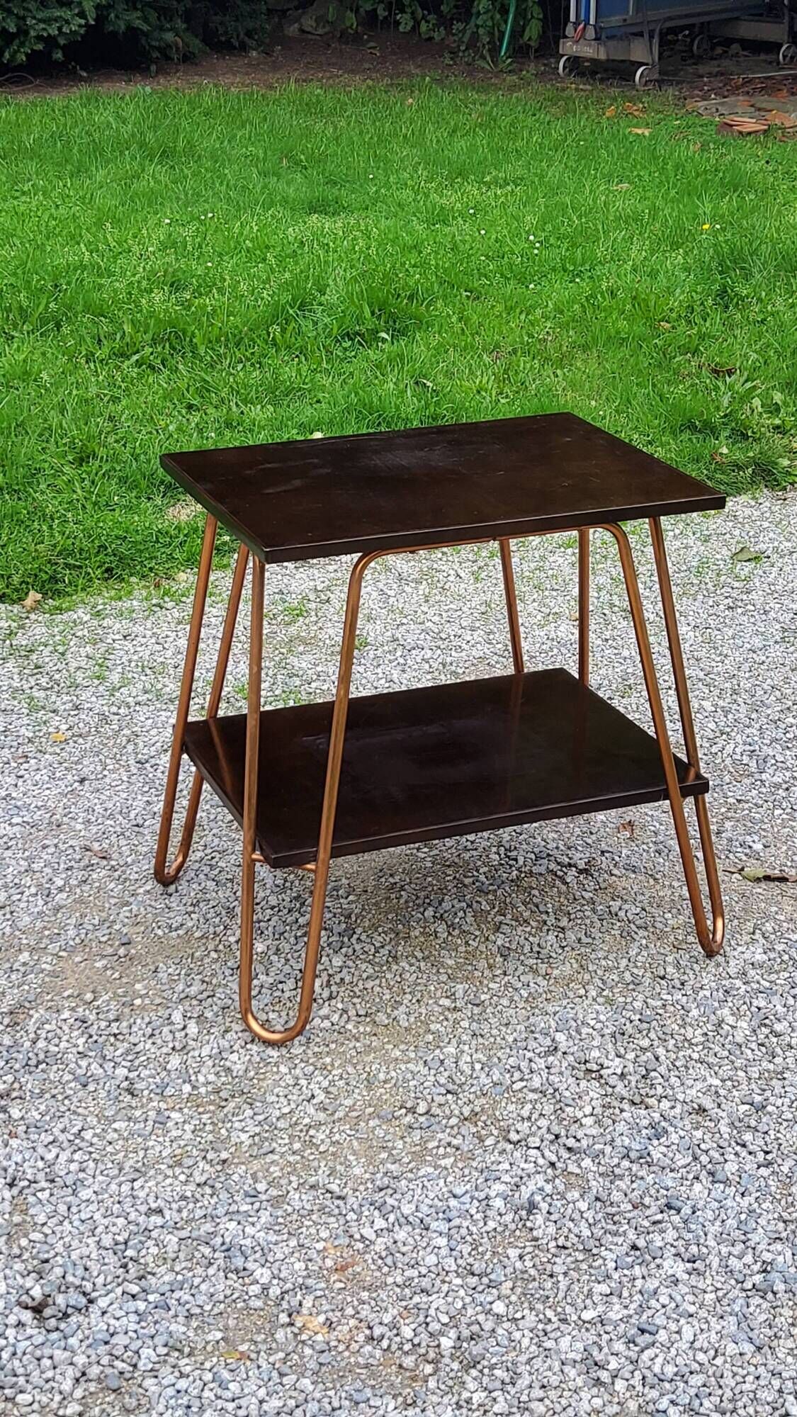 Vintage double wooden side table with copper base from the 50s