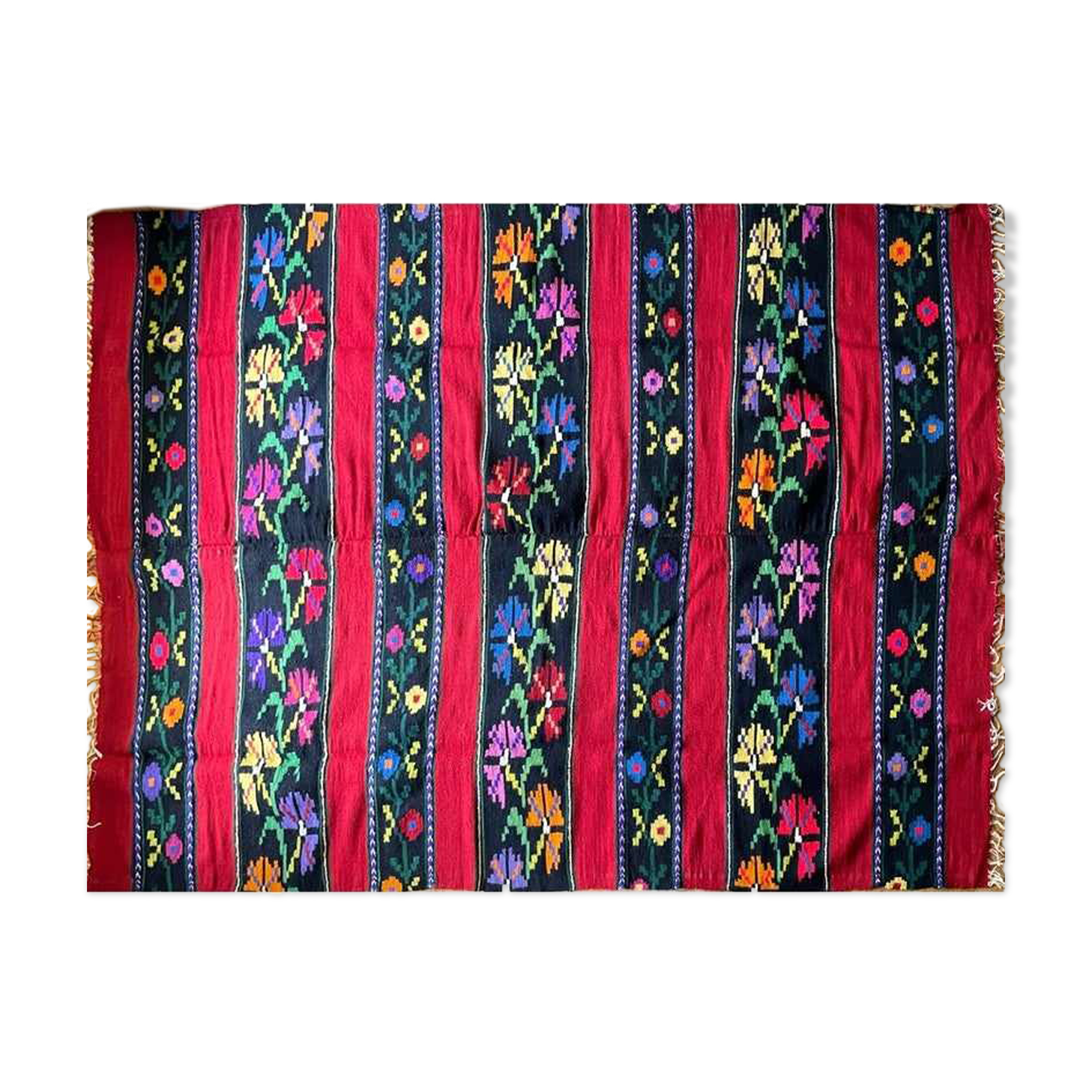 Romanian wool rug, red background with delicate colourful flowers
