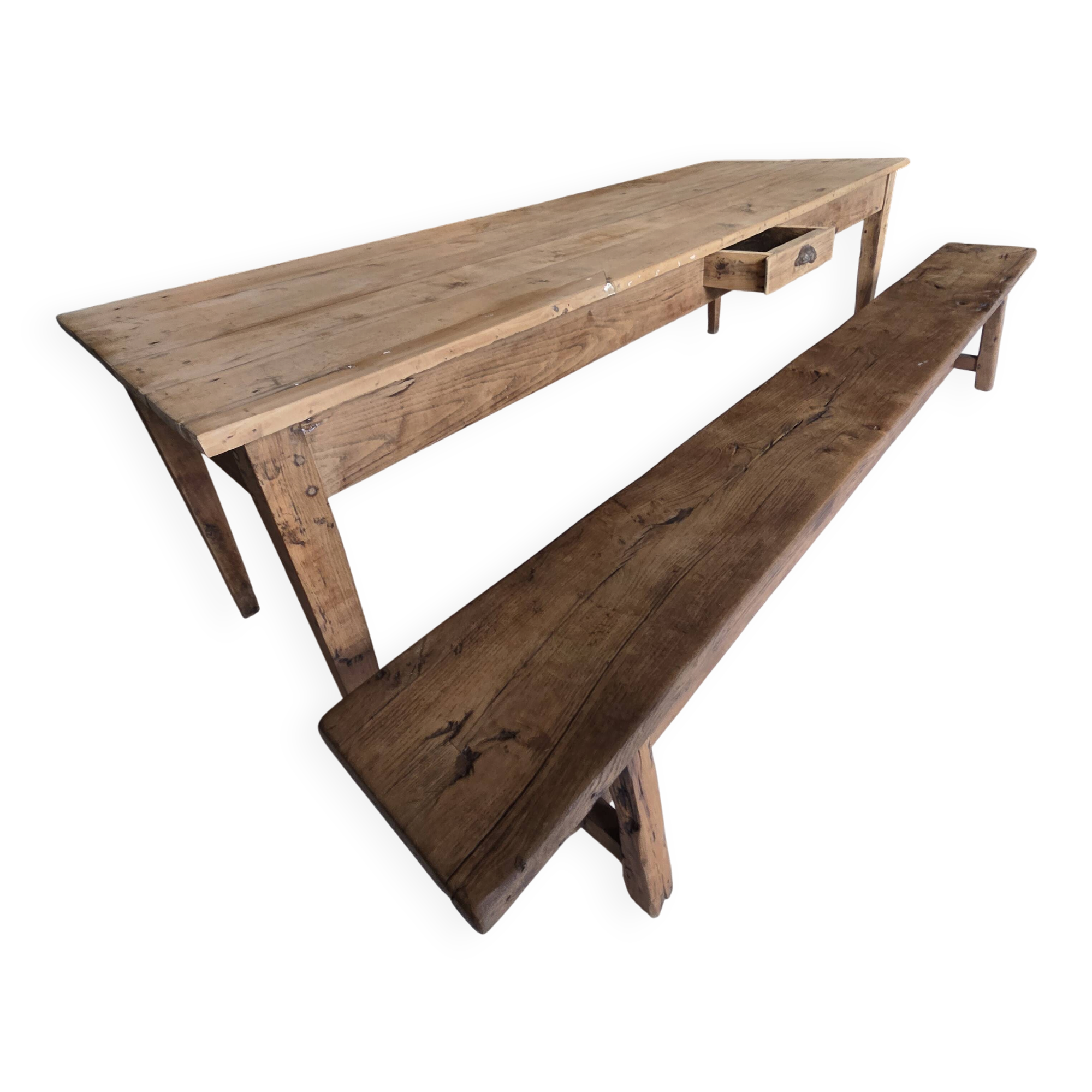 Solid pine farmhouse table and its bench - 19th century - Authentic patina