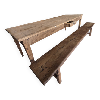 Solid pine farmhouse table and its bench - 19th century - Authentic patina