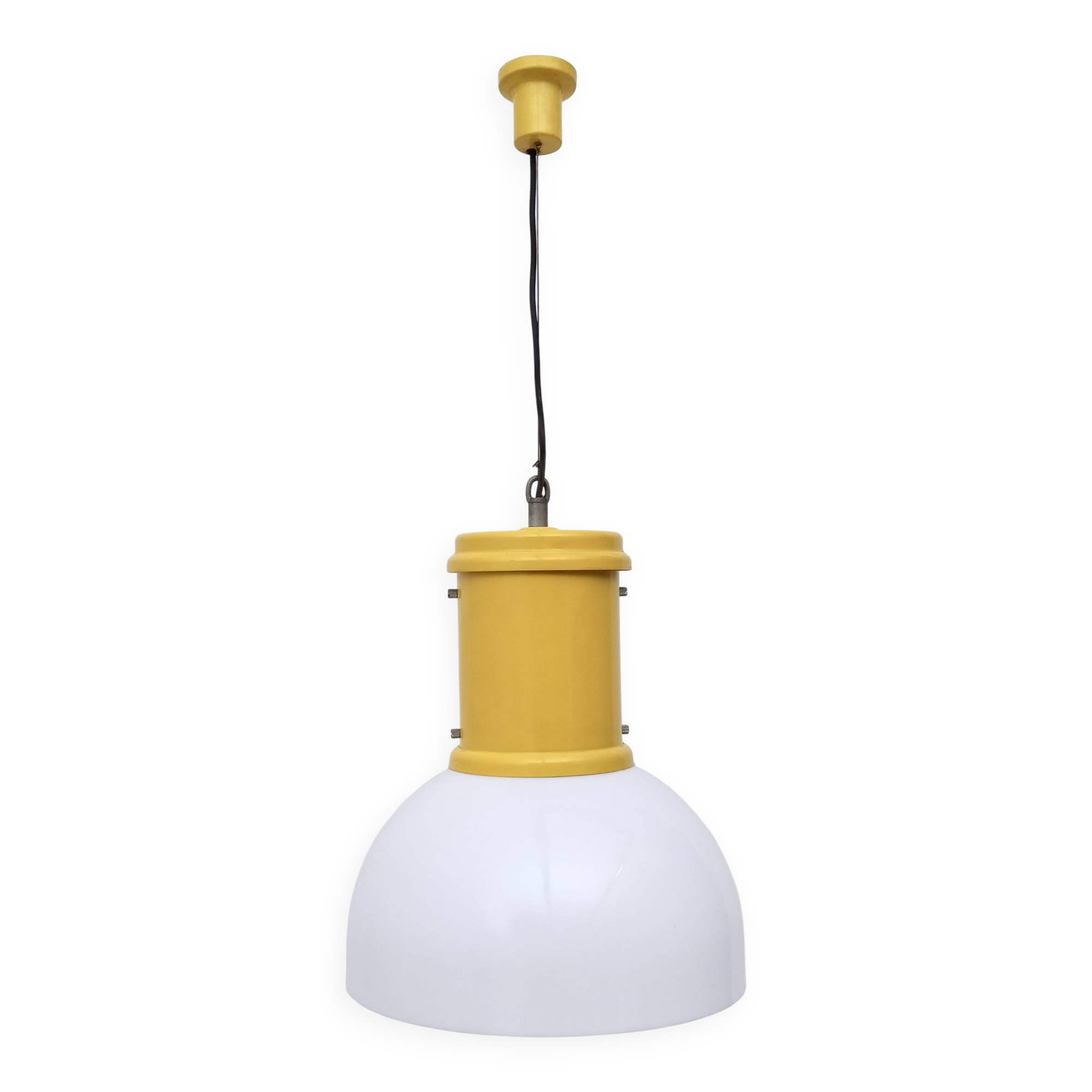 Industrial White Plexiglass and Yellow Varnished Aluminum Pendant, Italy