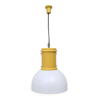 Industrial White Plexiglass and Yellow Varnished Aluminum Pendant, Italy