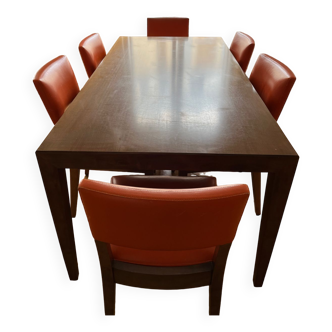 Table à manger et 6 chaises cuir Philippe Hurel