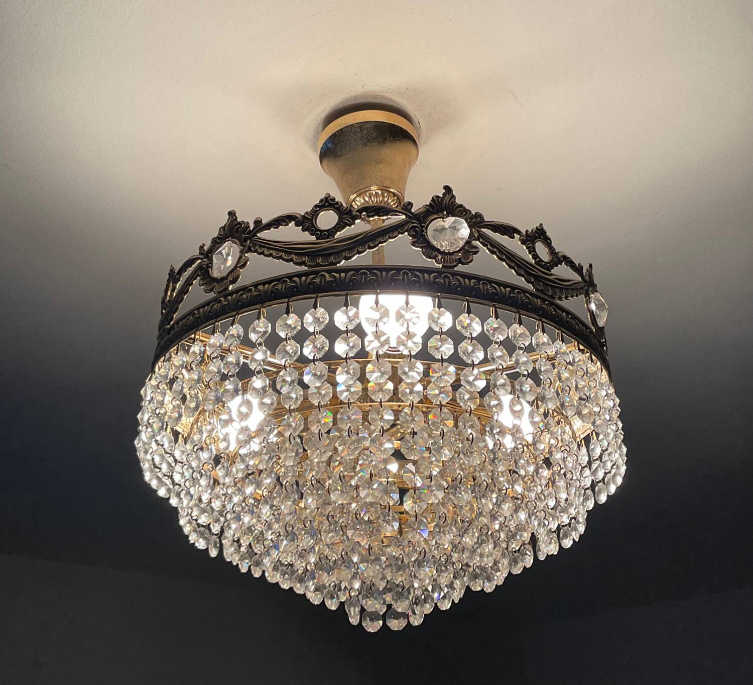 Vintage chandelier cascade of crystal and brass tassels