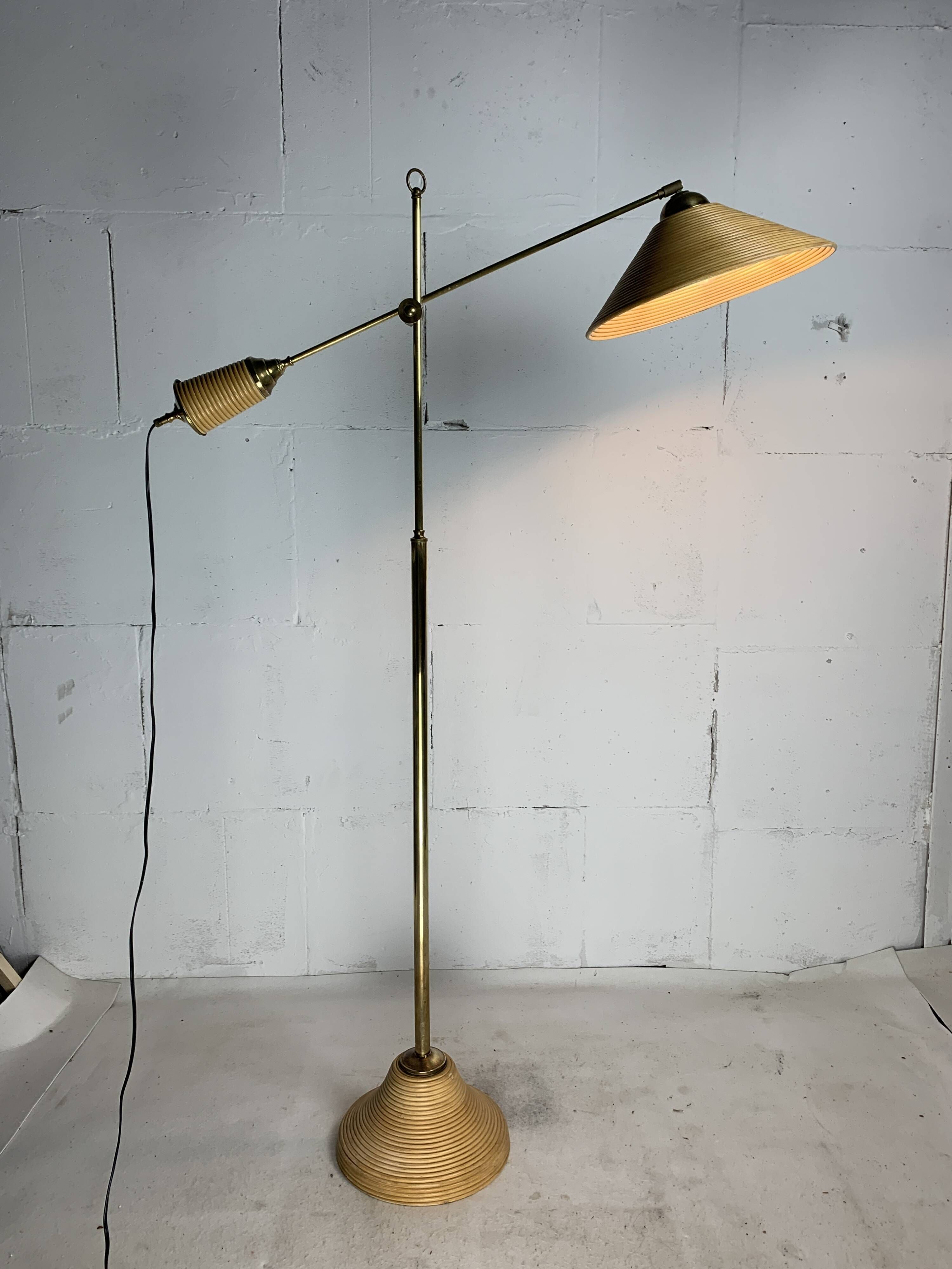 Italian adjustable floor lamp in pencil reed bamboo rattan and brass, 1970s