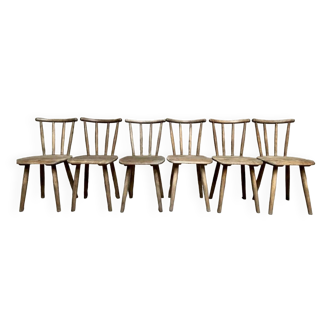 Series Set of 6 old rustic Western bistro chairs in original patina wood