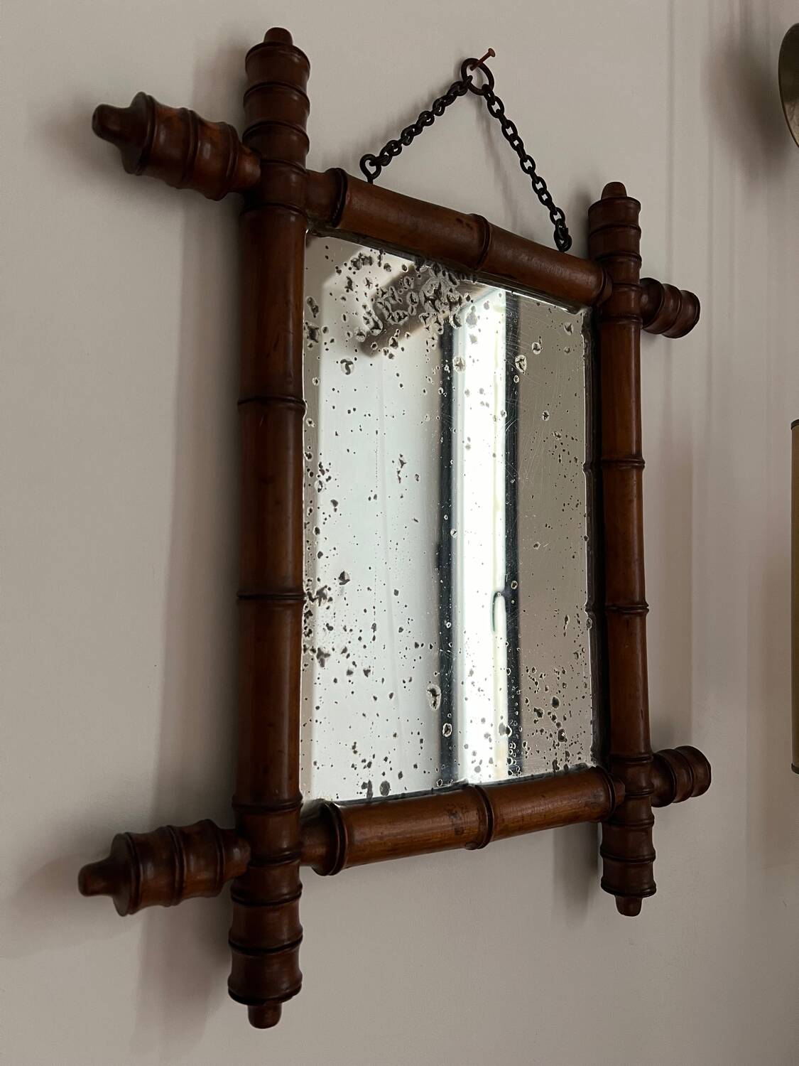 Small old turned wood mirror with bamboo effect