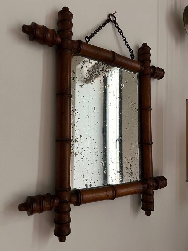 Petit miroir ancien bois tourné effet bambou