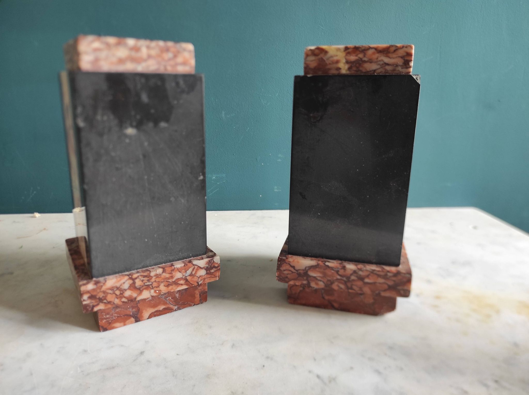 Pair of French vintage marble bookends, art Deco
