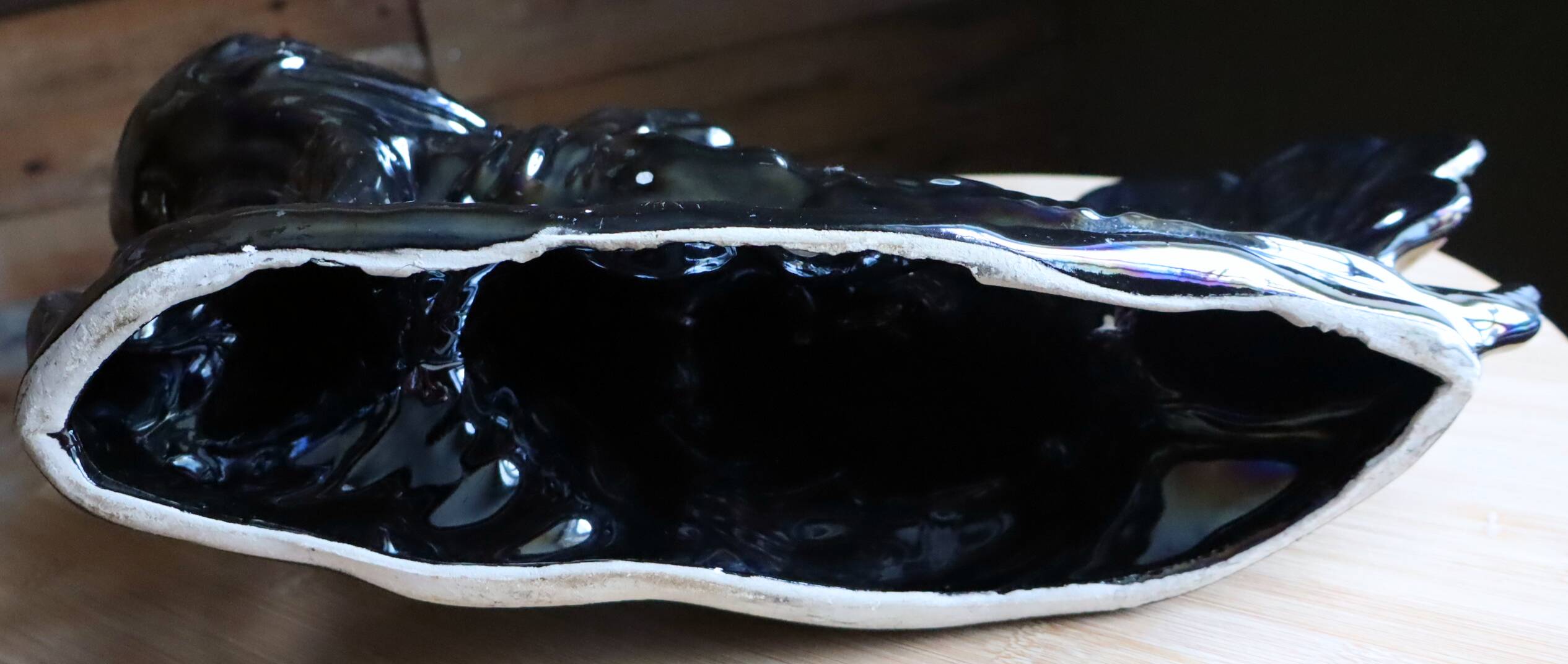 Large iridescent black ceramic peacock sculpture - 1970s
