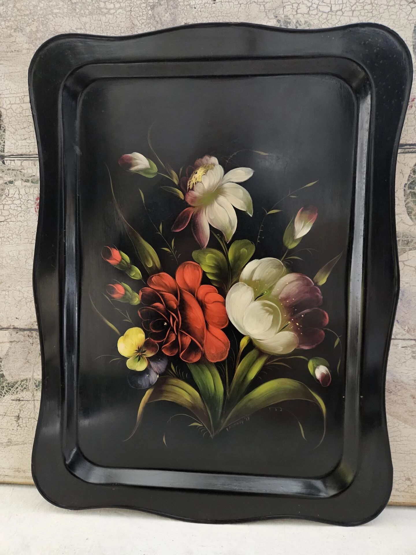 Large antique tray with flowers