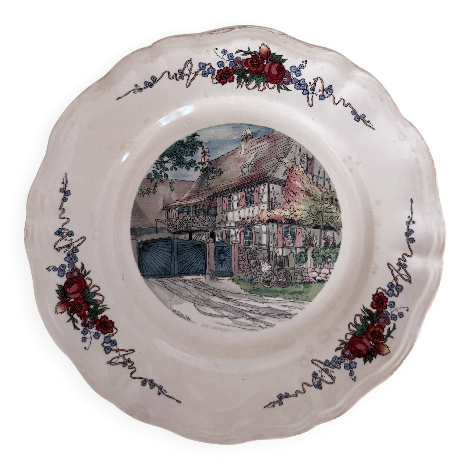 Obernai plates by Henri Loux, pottery from Sarreguemines.