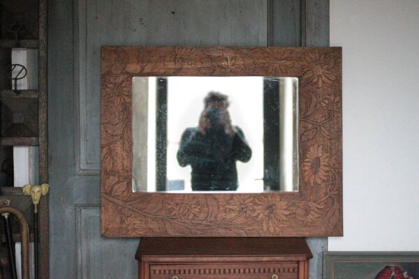 Grand miroir bois motif floral, miroir mural, glace murale