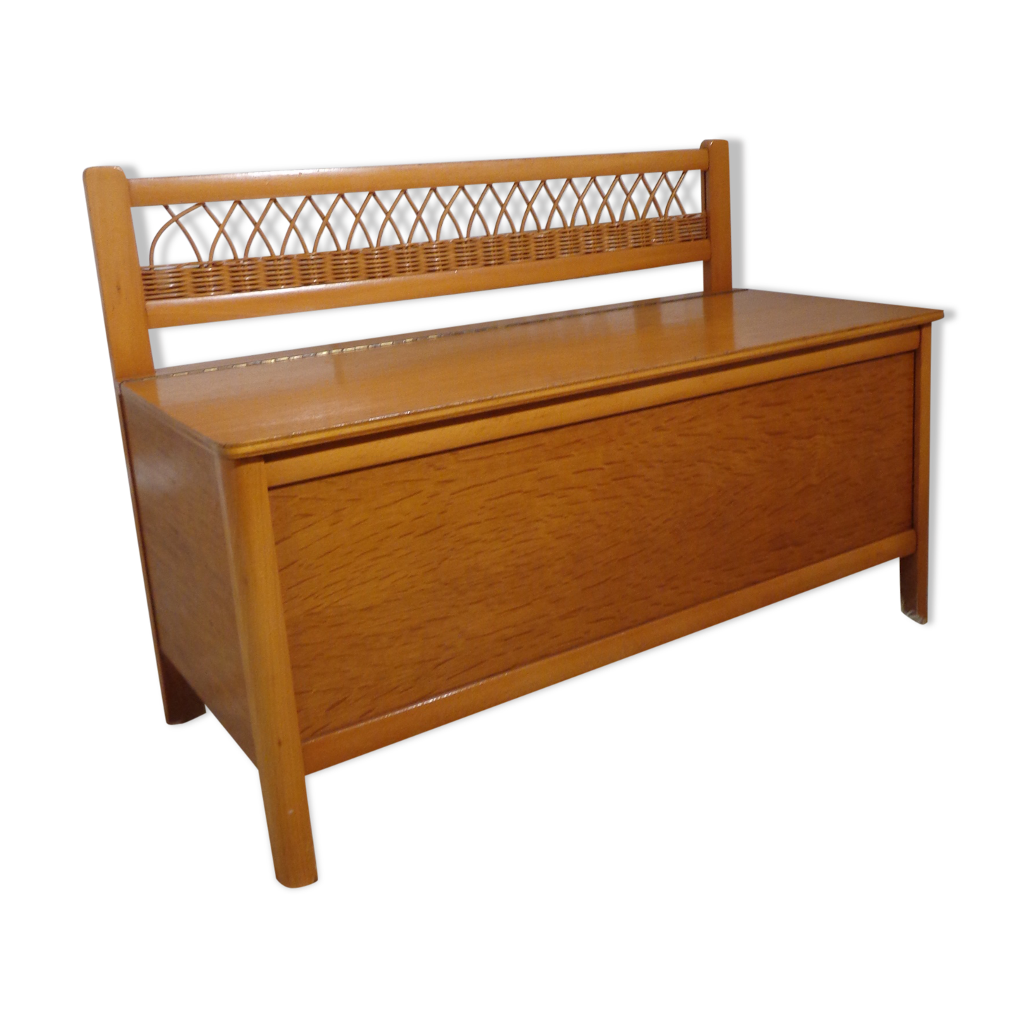 Trunk bench vintage wood and rattan of the 1950s