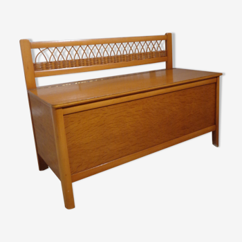 Trunk bench vintage wood and rattan of the 1950s