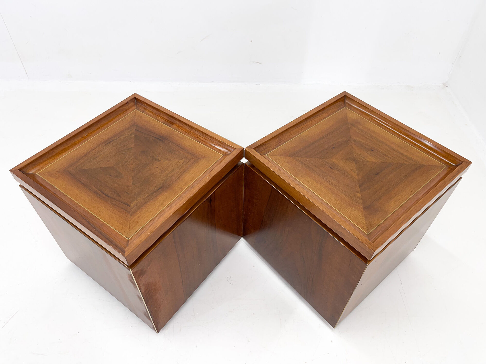 Set of walnut veneer side or night tables with brass detail, Italy 1950s