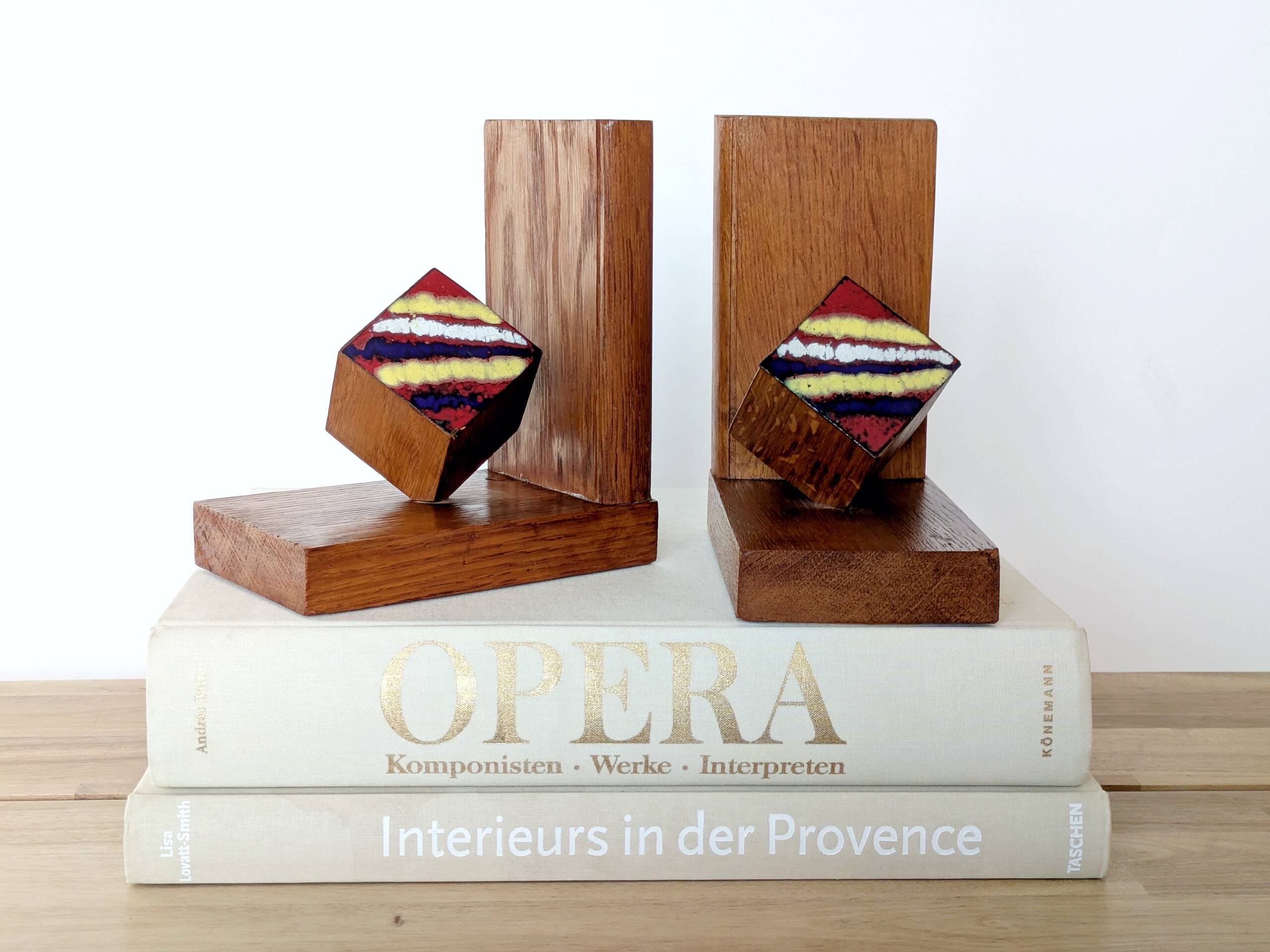 Mid-Century pair of wooden and enamel bookends, 1960s