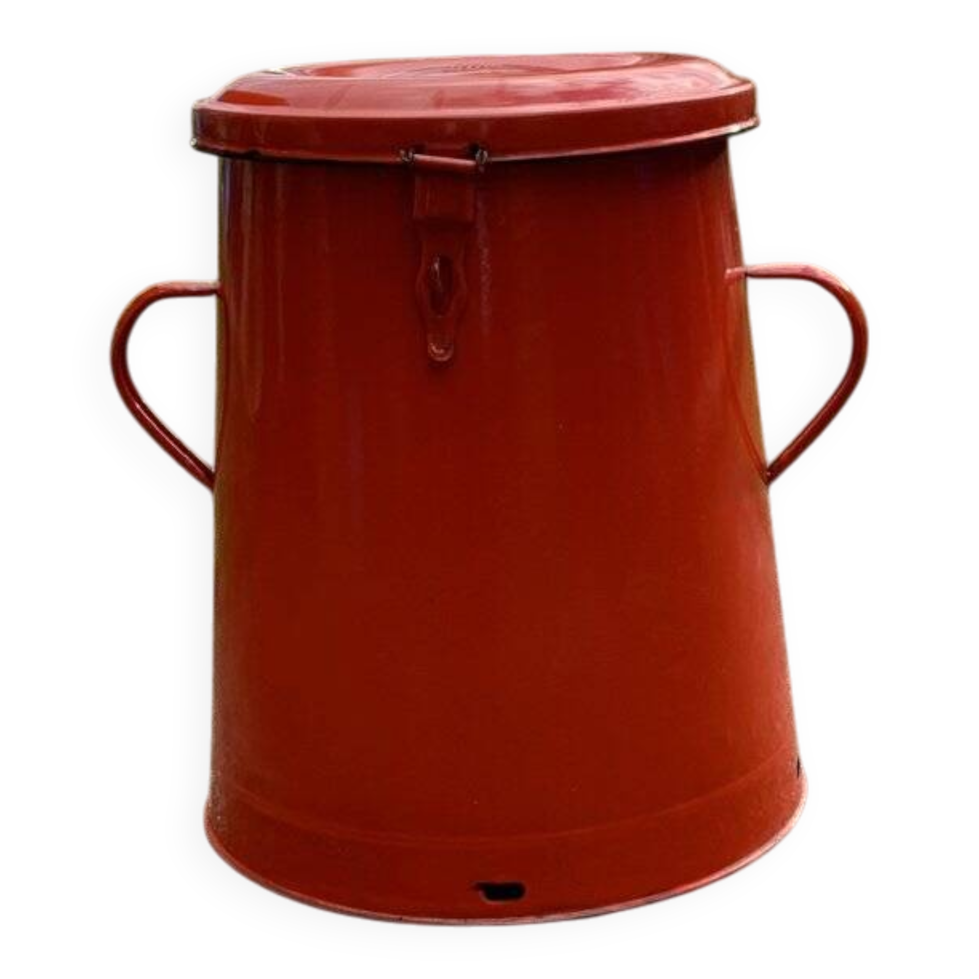 Red enamelled metal bin from the 1950s, with a lockable lid and side handles.