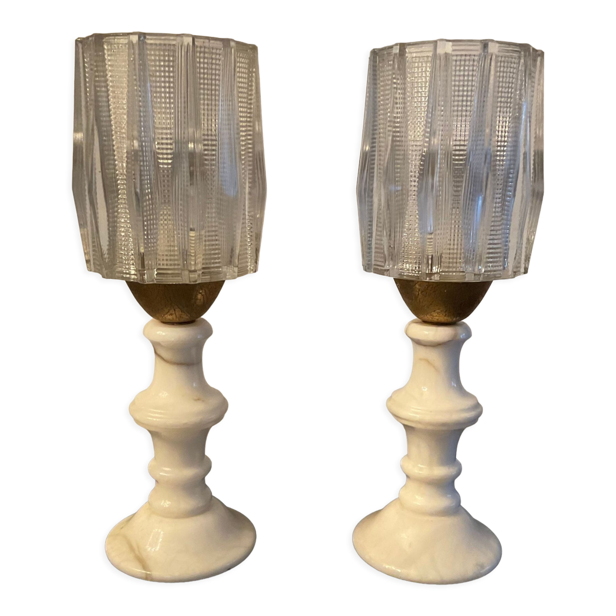 Pair of vintage lamps in marble and glass 70s
