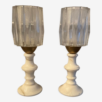 Paire de lampes vintage en marbre et verre années 70