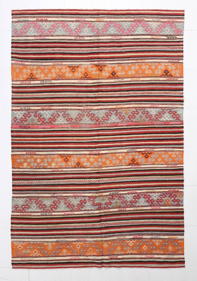 6x9 Red Orange Striped Handmade Kilim Rug, 174x267Cm