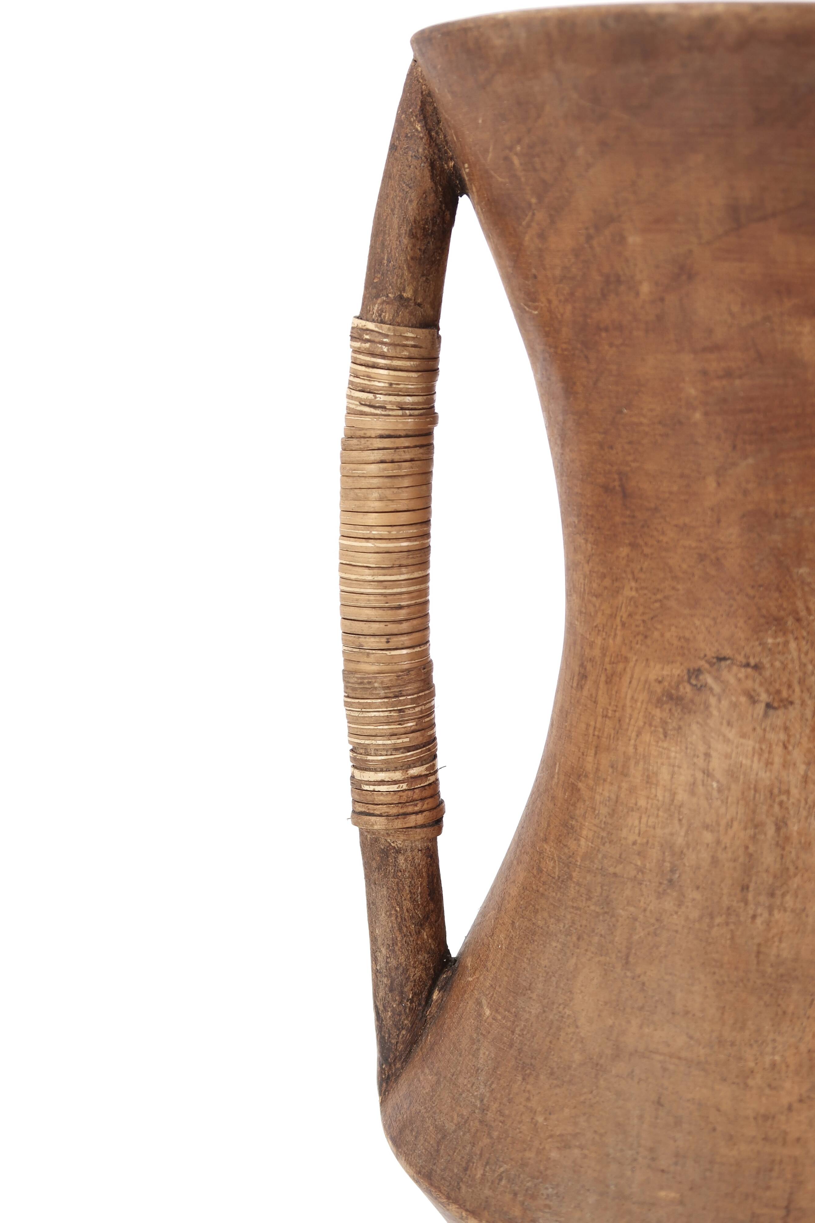 Large wooden vase, handles covered with wicker, 70s jar