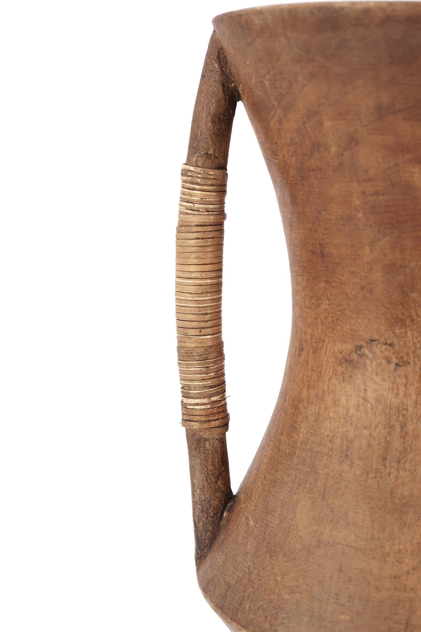 Large wooden vase, handles covered with wicker, 70s jar