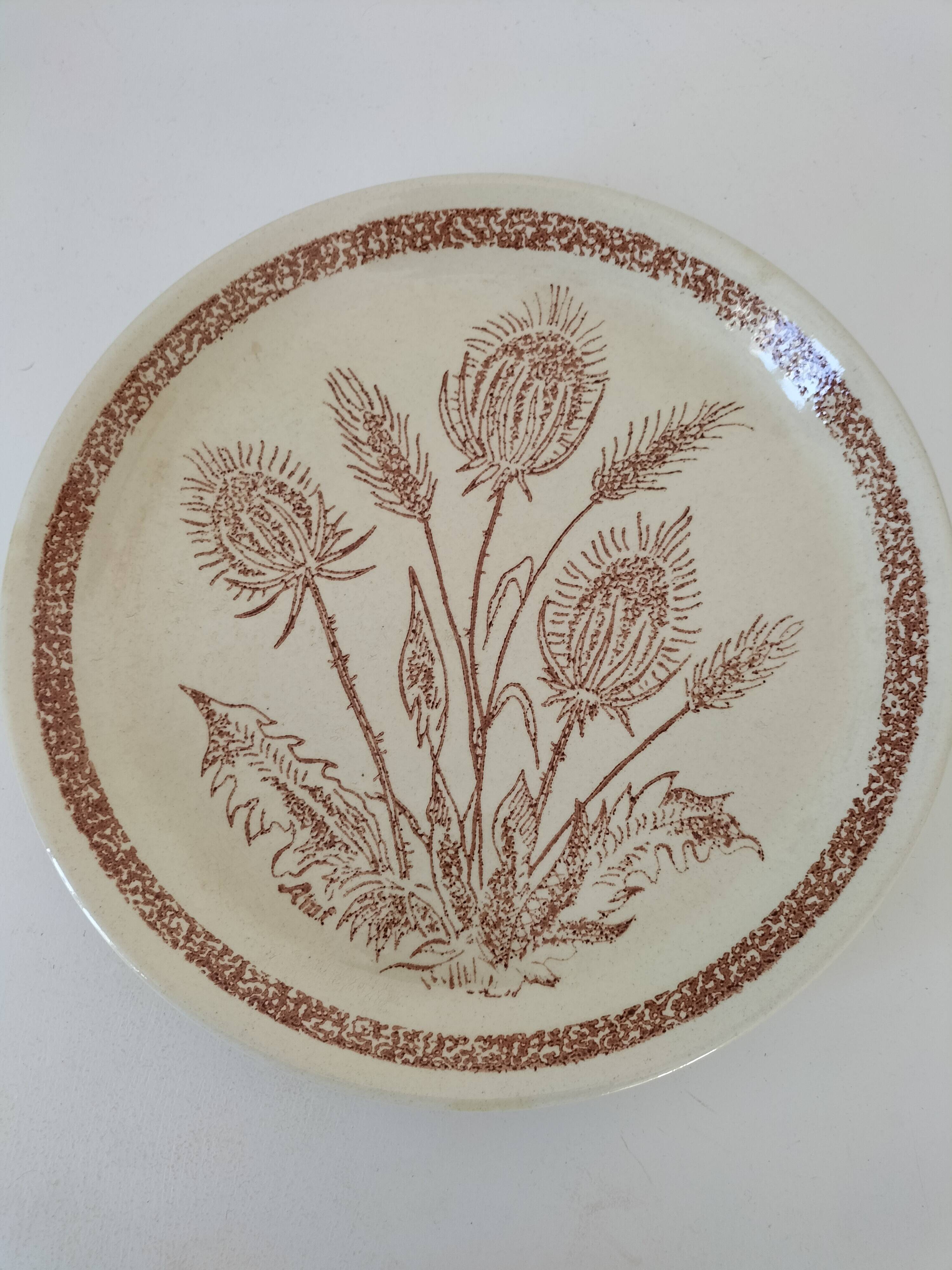 Pair of vintage plates with rusty brown thistle decoration – 1950s