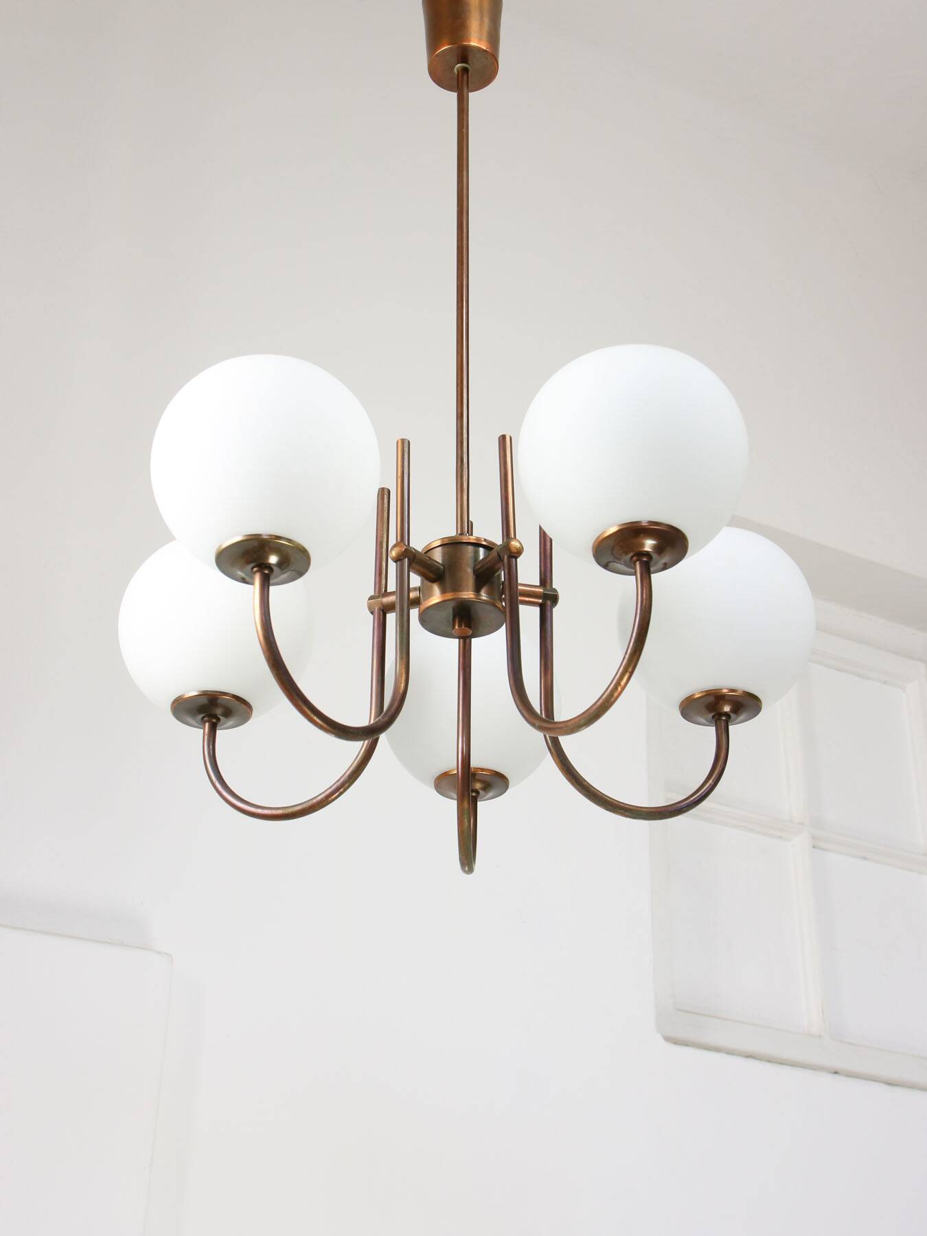 Vintage Italian Brass and Opaline Chandelier in Copper Color, 70s