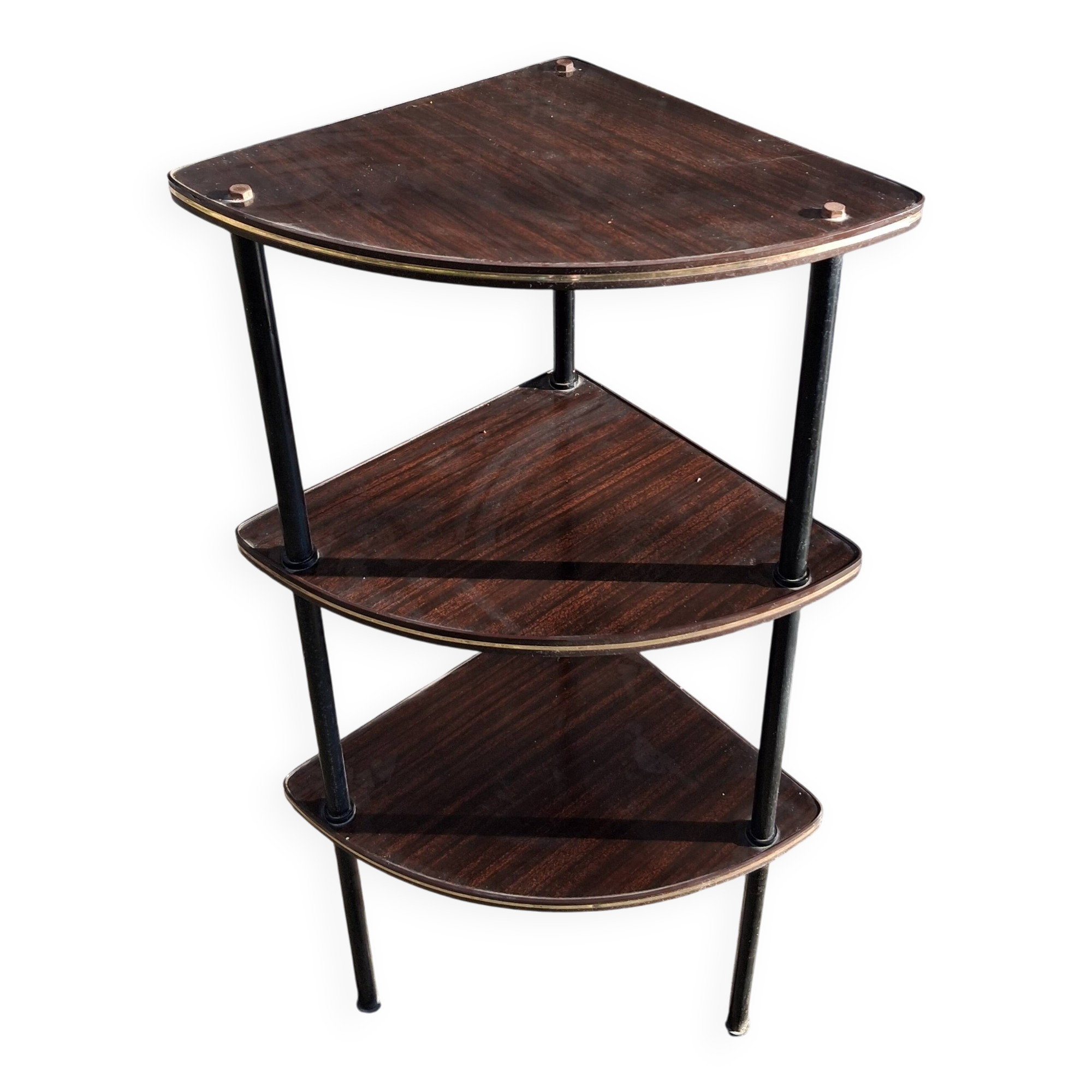 Corner unit with 3 shelves in brown Formica and black metal frame