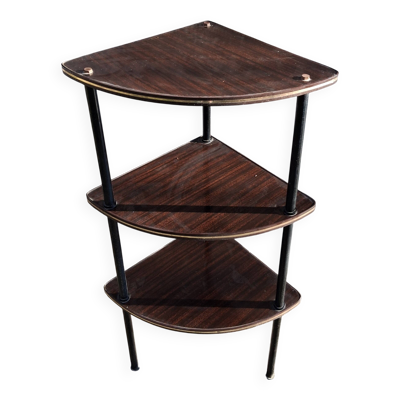 Meuble d'angle à 3 étagères en formica marron et structure métallique noire