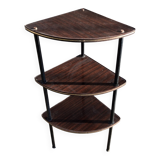 Corner unit with 3 shelves in brown Formica and black metal frame