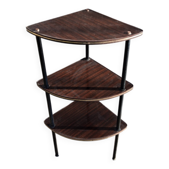 Meuble d'angle à 3 étagères en formica marron et structure métallique noire