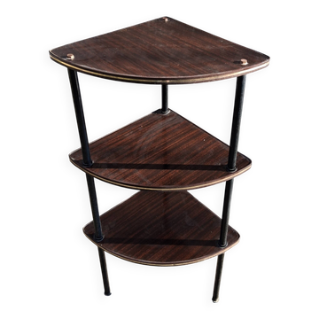 Meuble d'angle à 3 étagères en formica marron et structure métallique noire