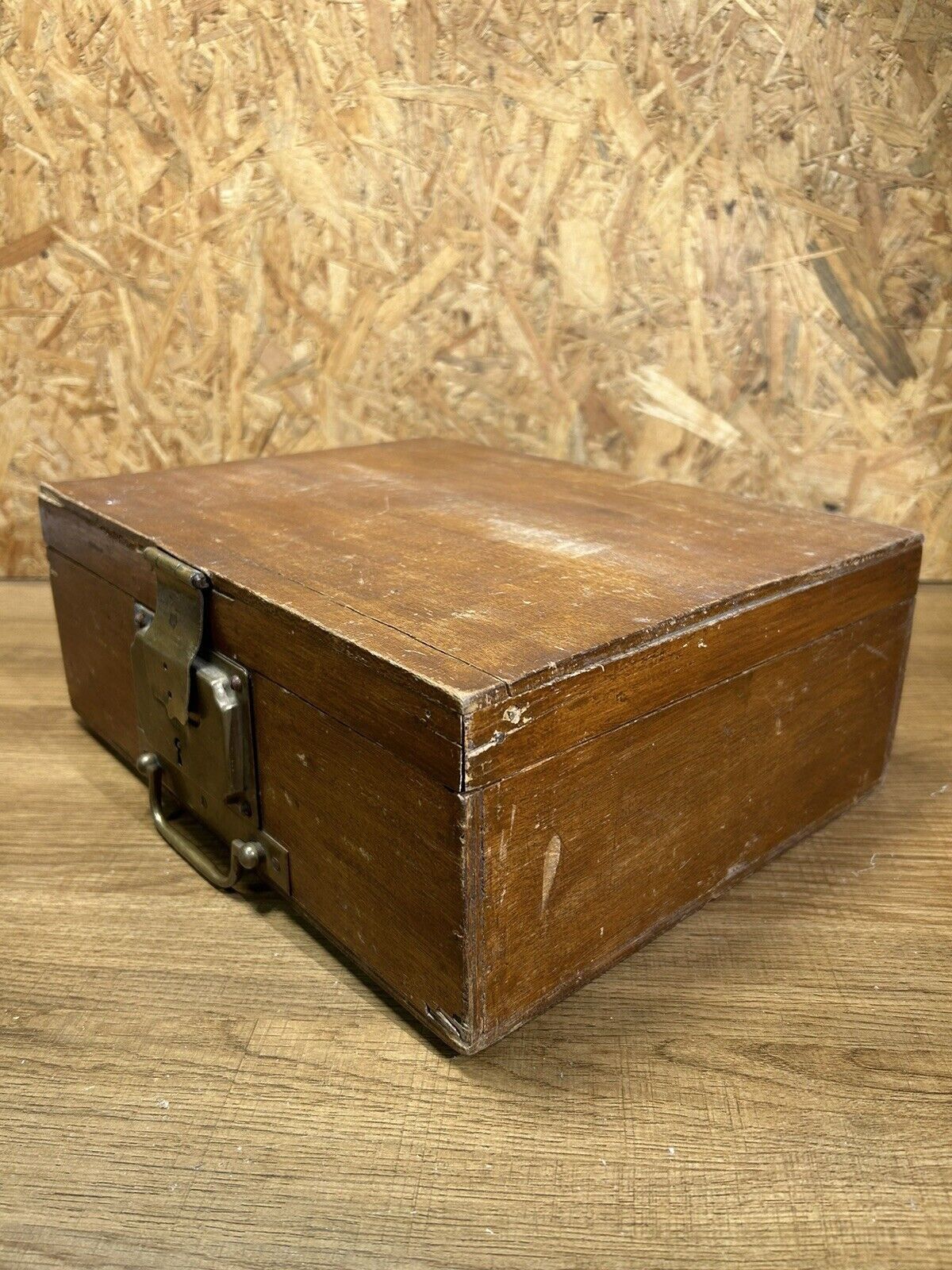 Old wood and brass box, decoration loft workshop, furniture of trades